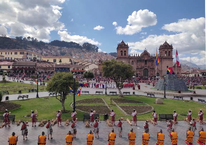 Men dancing on Cusco main square at Inti Raymi